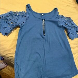 Blue Lace top / Medium Cold ShoulderTop with Zipper  (M)